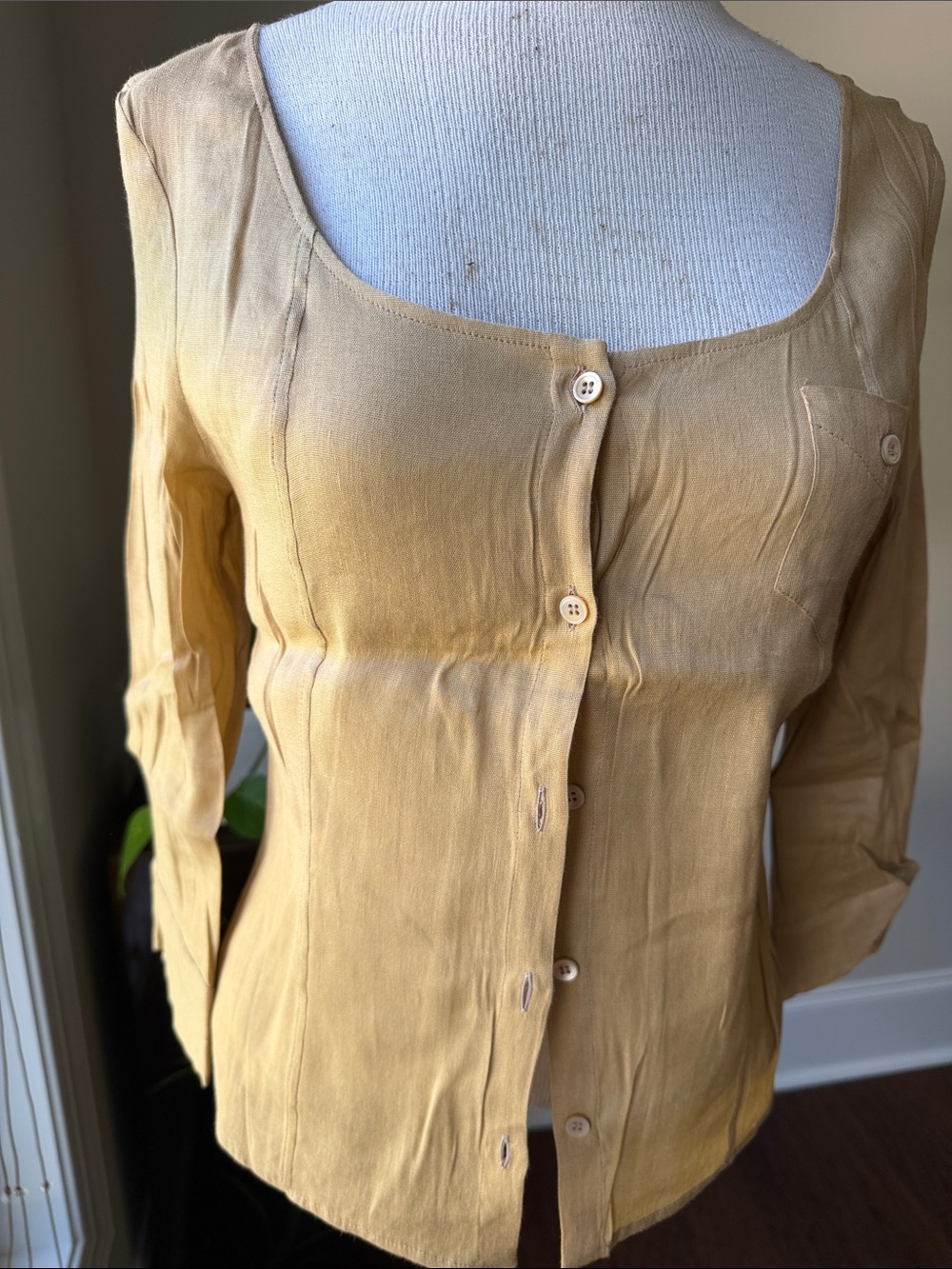 Women's Scoop Neck Button-Front Blouse in Mustard Yellow